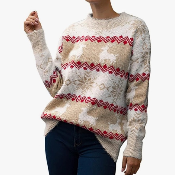 Snowflake Fawn Pattern Crewneck Sweater Long Sleeve Knit Pullover, Size: M - Picture 3 of 8
